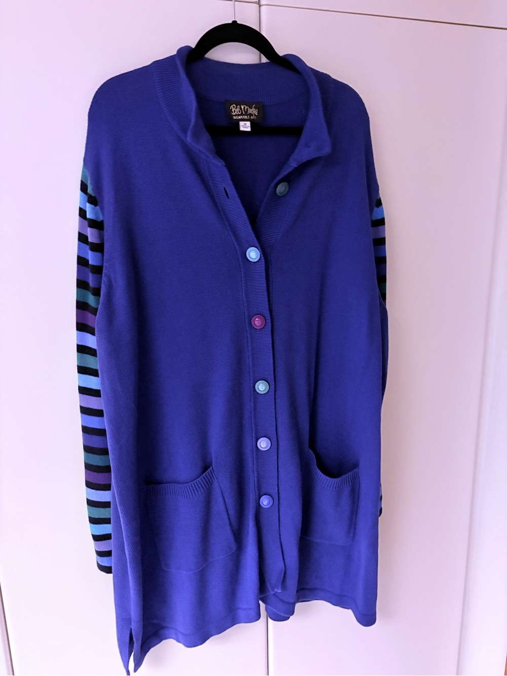 Bob Mackie Cobalt Blue Cardigan with Multicolor Striped Sleeves